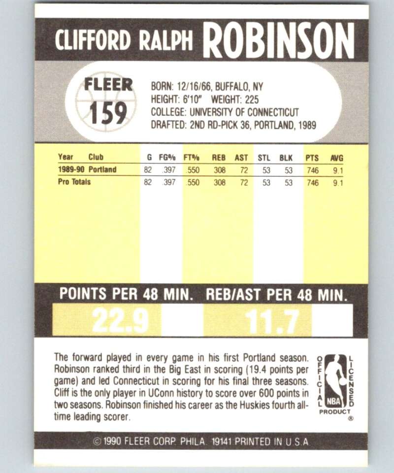 1990-91 Fleer #159 Clifford Robinson RC Rookie Blazers NBA Basketball Image 2