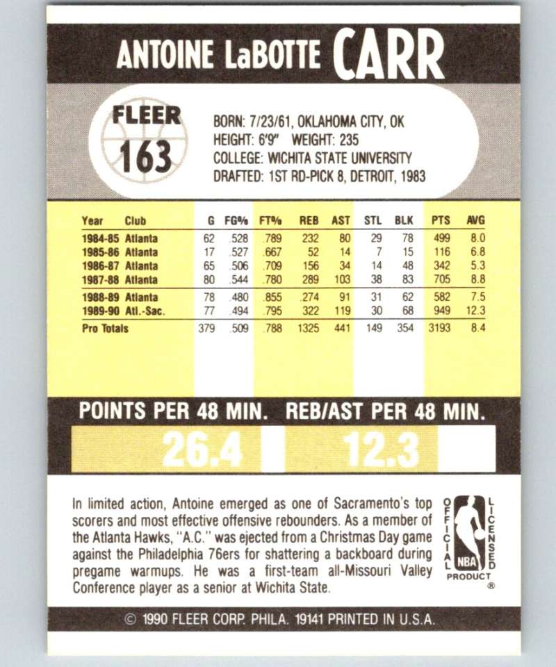 1990-91 Fleer #163 Antoine Carr Sac Kings NBA Basketball Image 2
