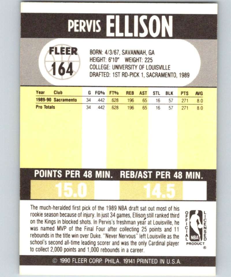 1990-91 Fleer #164 Pervis Ellison RC Rookie Bullets NBA Basketball Image 2