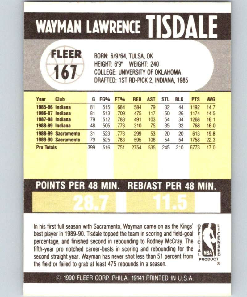 1990-91 Fleer #167 Wayman Tisdale Sac Kings NBA Basketball