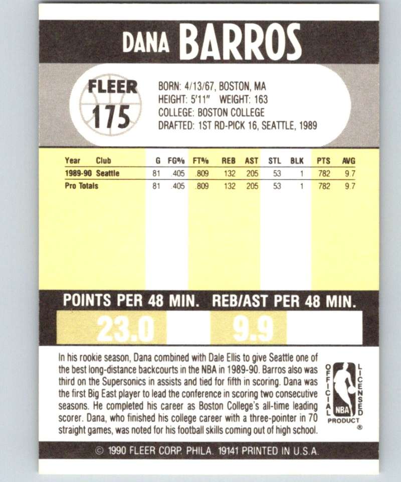 1990-91 Fleer #175 Dana Barros RC Rookie NBA Basketball Image 2