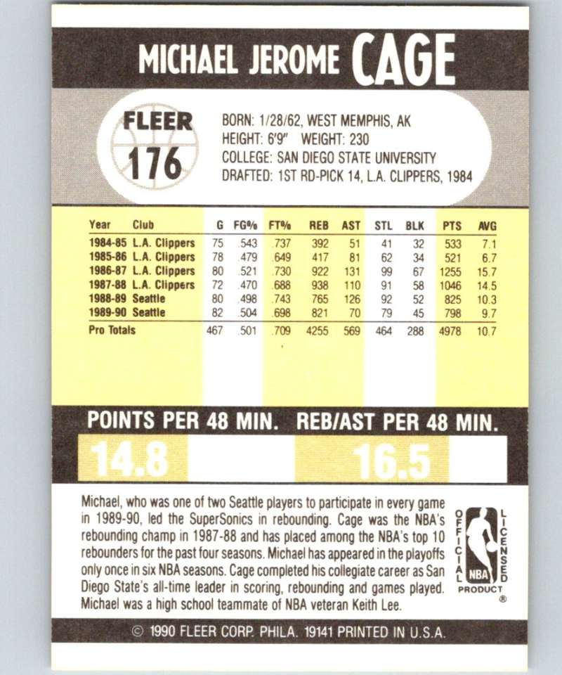 1990-91 Fleer #176 Michael Cage UER NBA Basketball Image 2