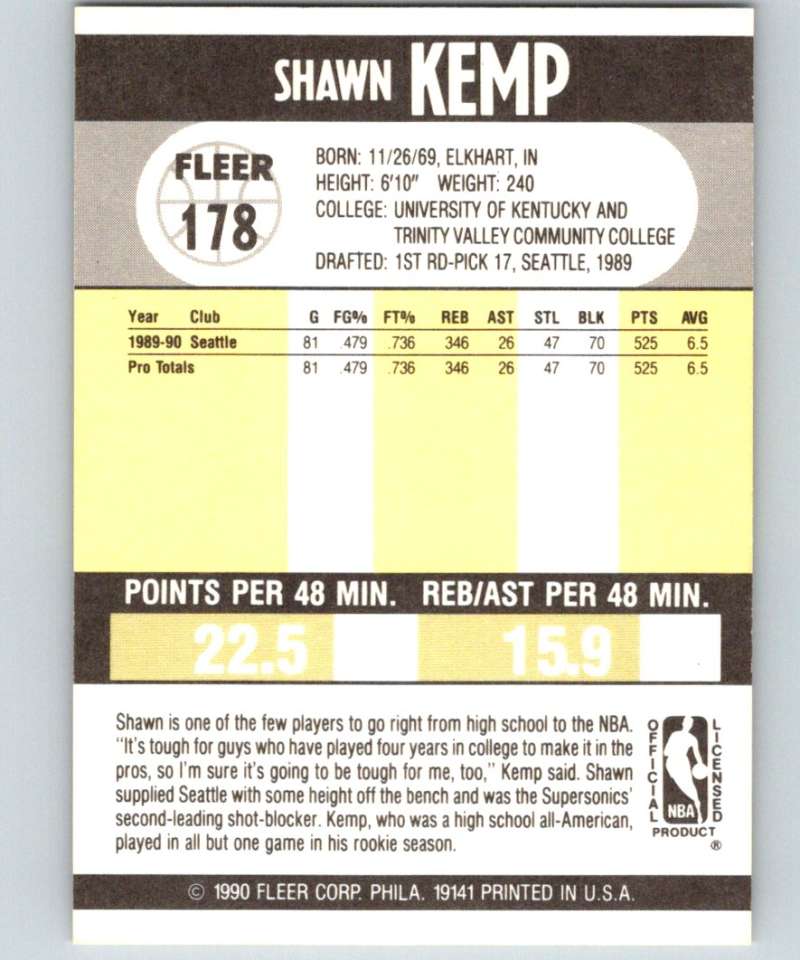 1990-91 Fleer #178 Shawn Kemp RC Rookie NBA Basketball