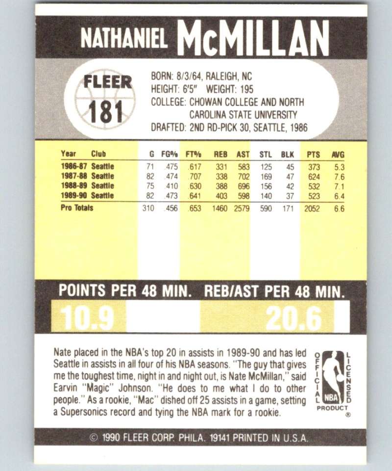 1990-91 Fleer #181 Nate McMillan NBA Basketball Image 2