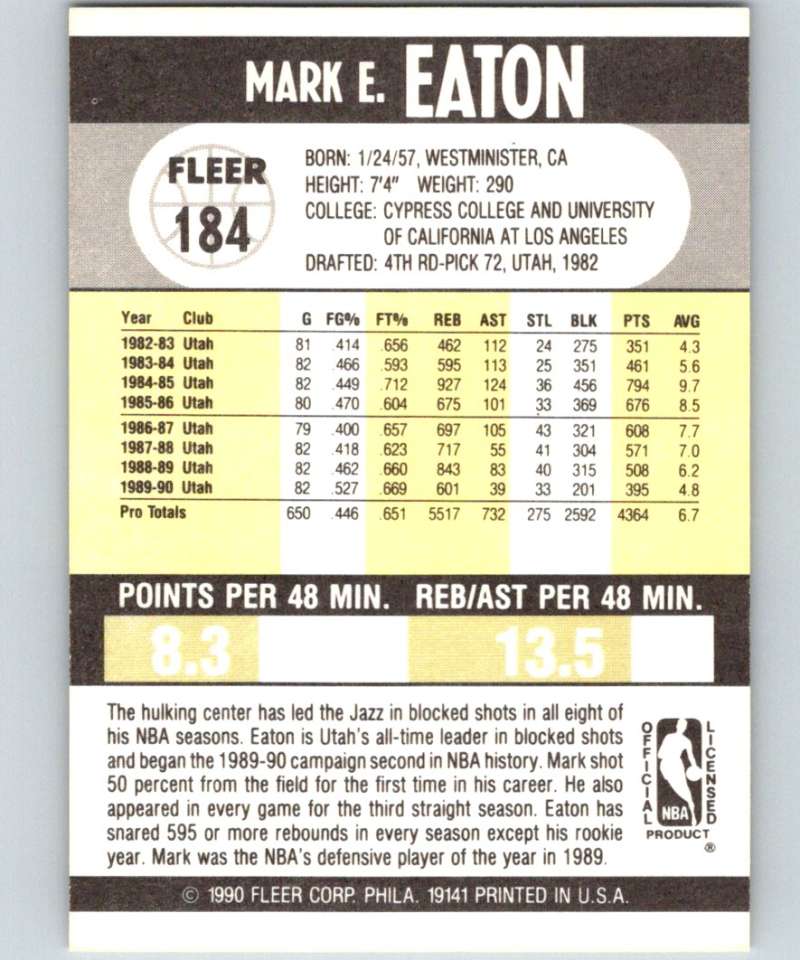 1990-91 Fleer #184 Mark Eaton Jazz NBA Basketball Image 2