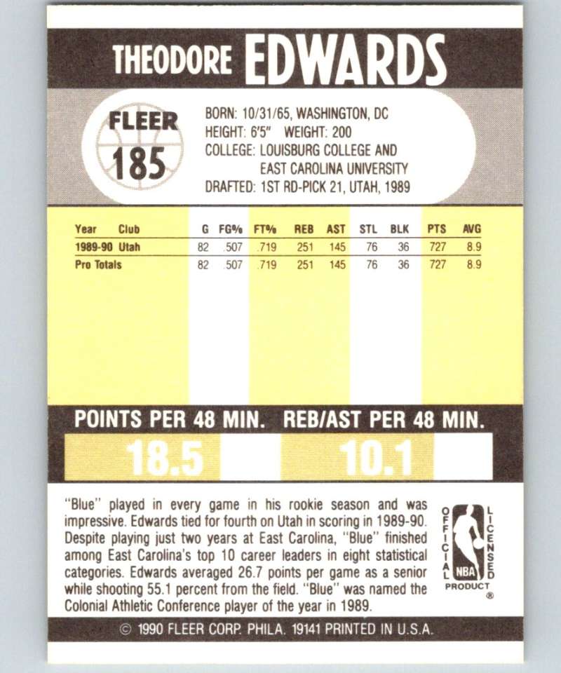1990-91 Fleer #185 Blue Edwards RC Rookie Jazz NBA Basketball Image 2