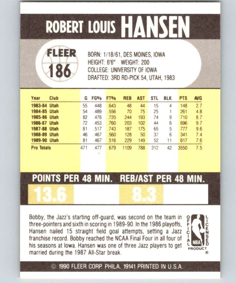 1990-91 Fleer #186 Bobby Hansen Sac Kings NBA Basketball Image 2