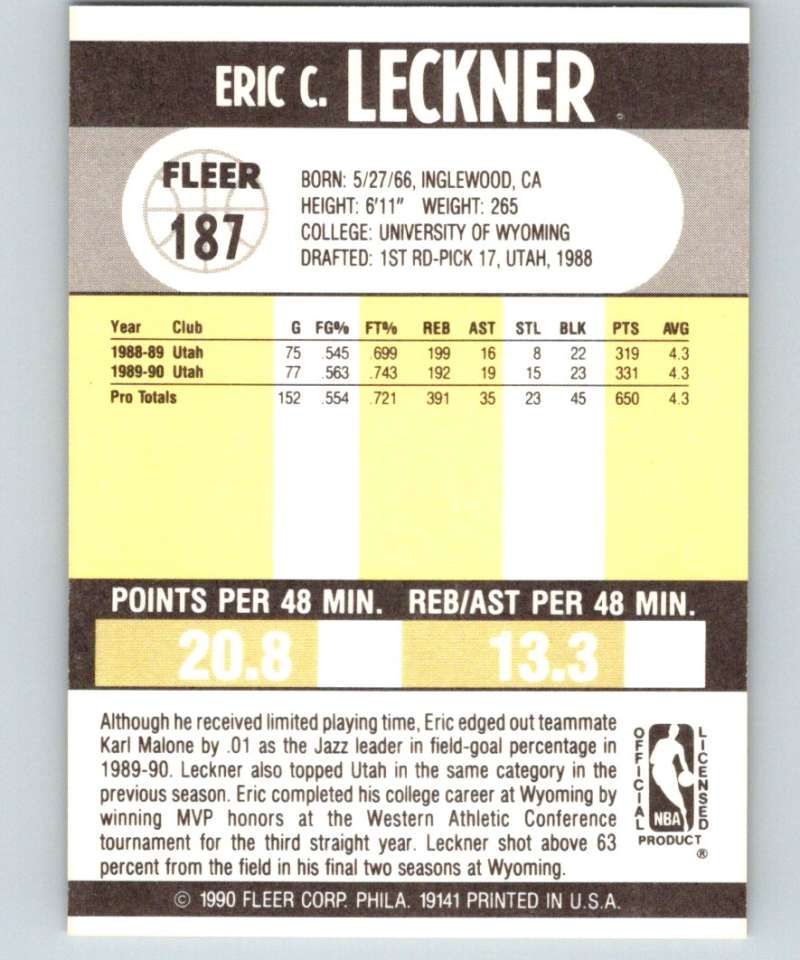 1990-91 Fleer #187 Eric Leckner Sac Kings NBA Basketball Image 2
