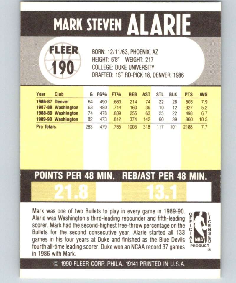 1990-91 Fleer #190 Mark Alarie Bullets NBA Basketball Image 2