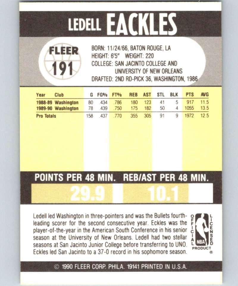1990-91 Fleer #191 Ledell Eackles Bullets NBA Basketball Image 2