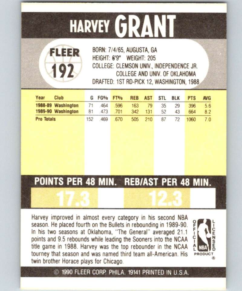 1990-91 Fleer #192 Harvey Grant Bullets NBA Basketball Image 2