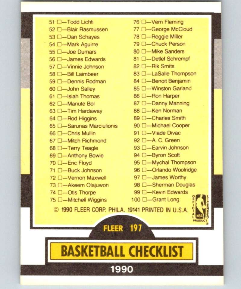 1990-91 Fleer #197 Checklist 1-99 NBA Basketball Image 2