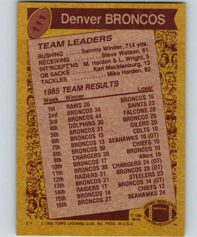 1986 Topps #111 Sammy Winder Broncos TL NFL Football Image 2
