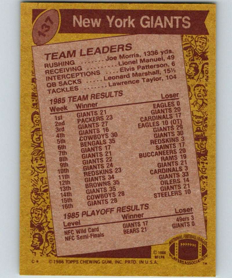 1986 Topps #137 Joe Morris NY Giants TL NFL Football Image 2