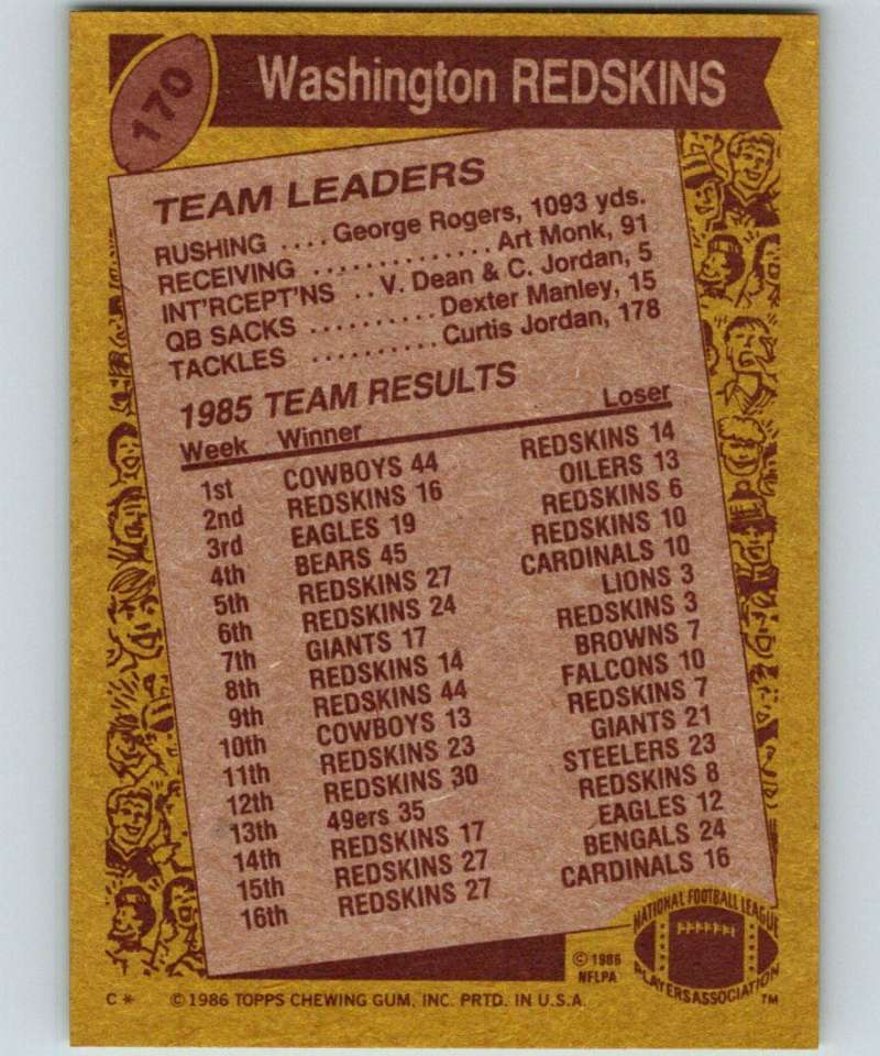 1986 Topps #170 Dave Butz Redskins TL NFL Football