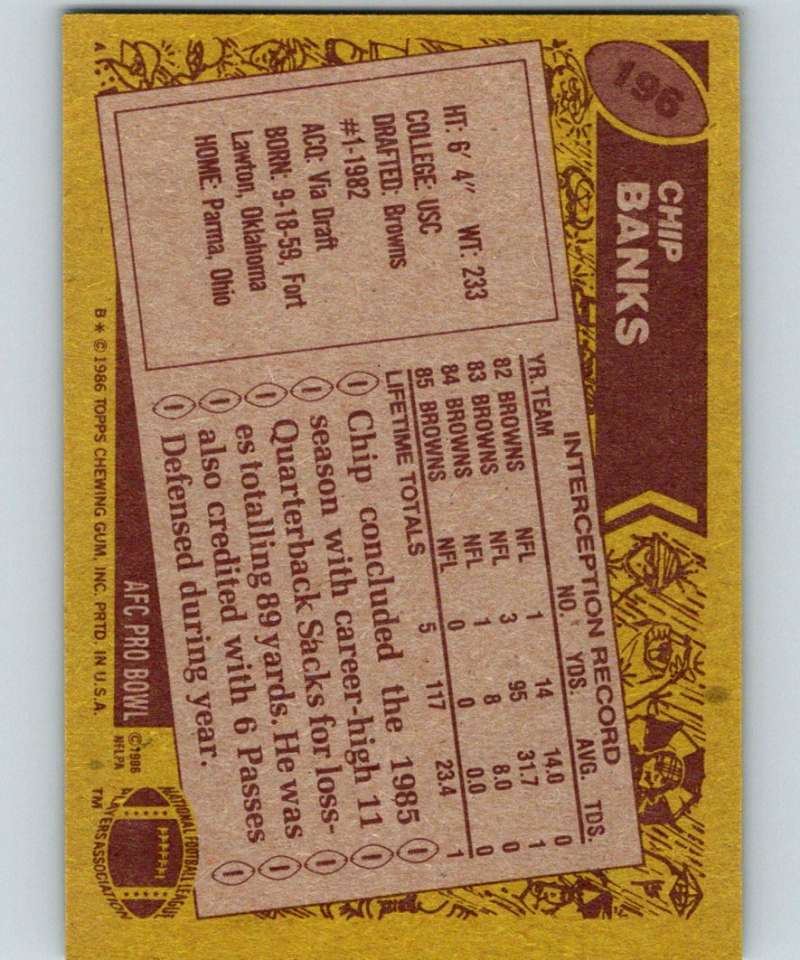 1986 Topps #196 Chip Banks Browns NFL Football Image 2