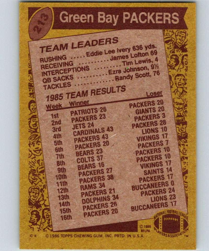 1986 Topps #213 Paul Coffman Packers TL NFL Football Image 2