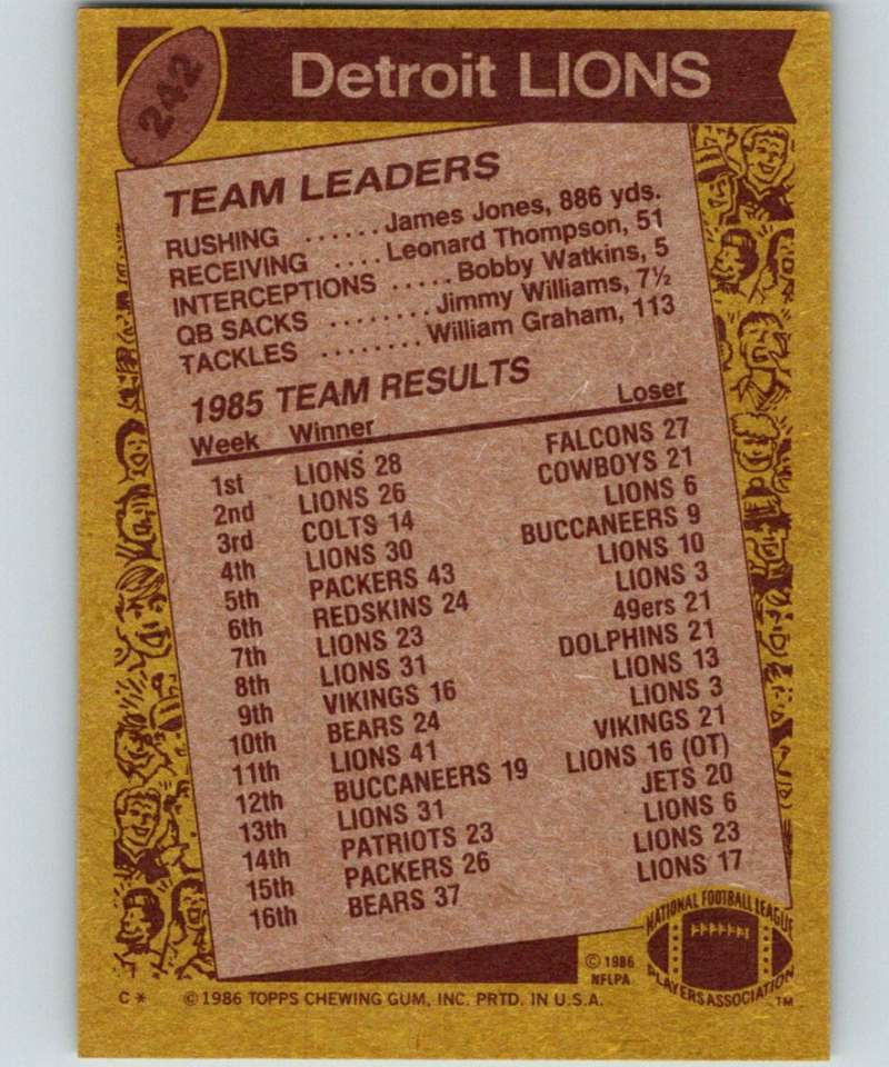 1986 Topps #242 Eric Hipple Lions TL NFL Football Image 2