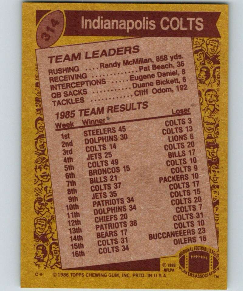 1986 Topps #314 Rohn Stark Colts TL NFL Football Image 2