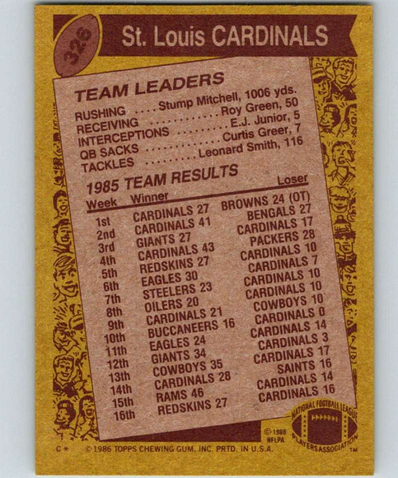 1986 Topps #326 Stump Mitchell Cardinals TL NFL Football Image 2