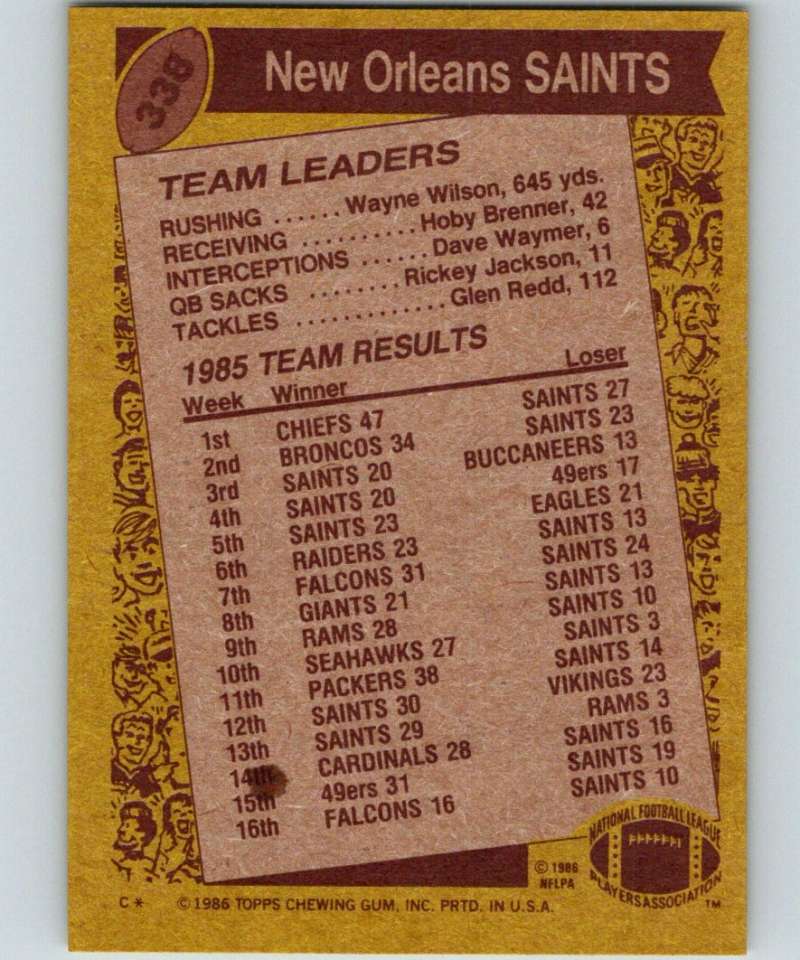 1986 Topps #338 Wayne Wilson Saints TL NFL Football Image 2