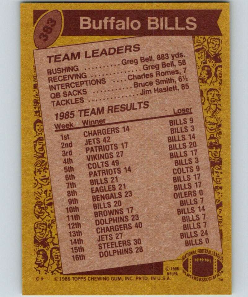 1986 Topps #383 Greg Bell Bills TL NFL Football Image 2