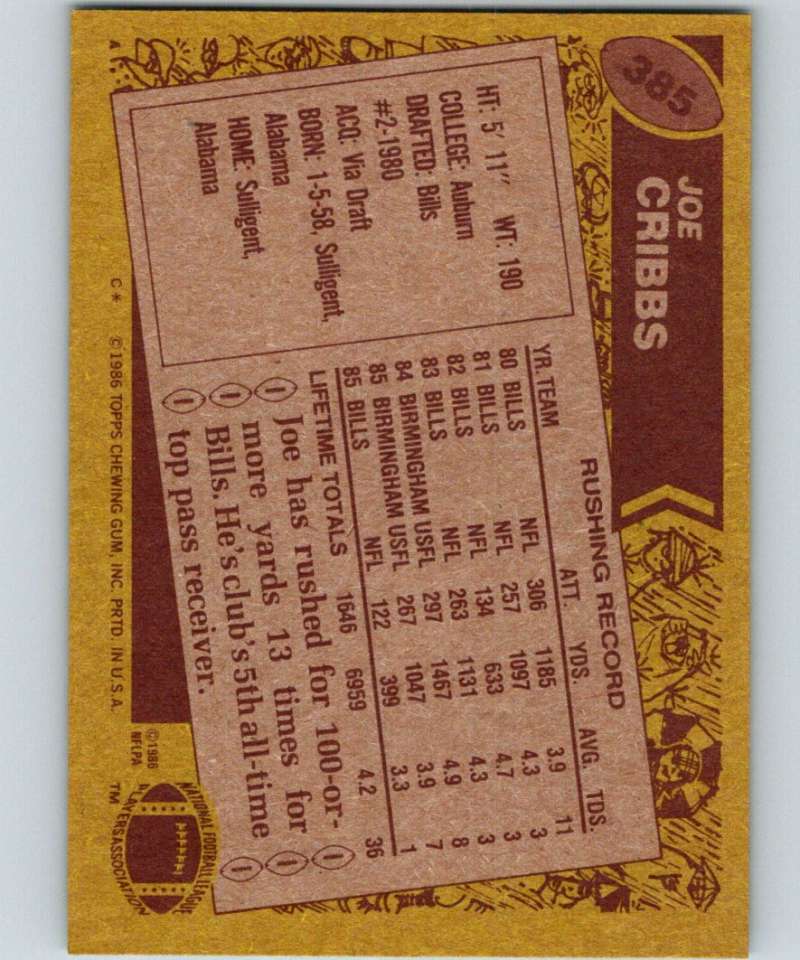 1986 Topps #385 Joe Cribbs Bills NFL Football Image 2