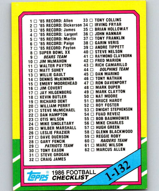 1986 Topps #394 Checklist 1-132 NFL Football