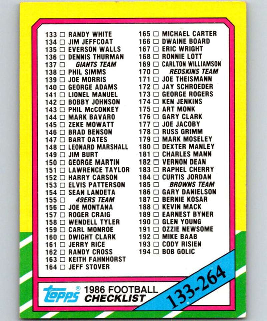 1986 Topps #395 Checklist 133-264 NFL Football Image 1