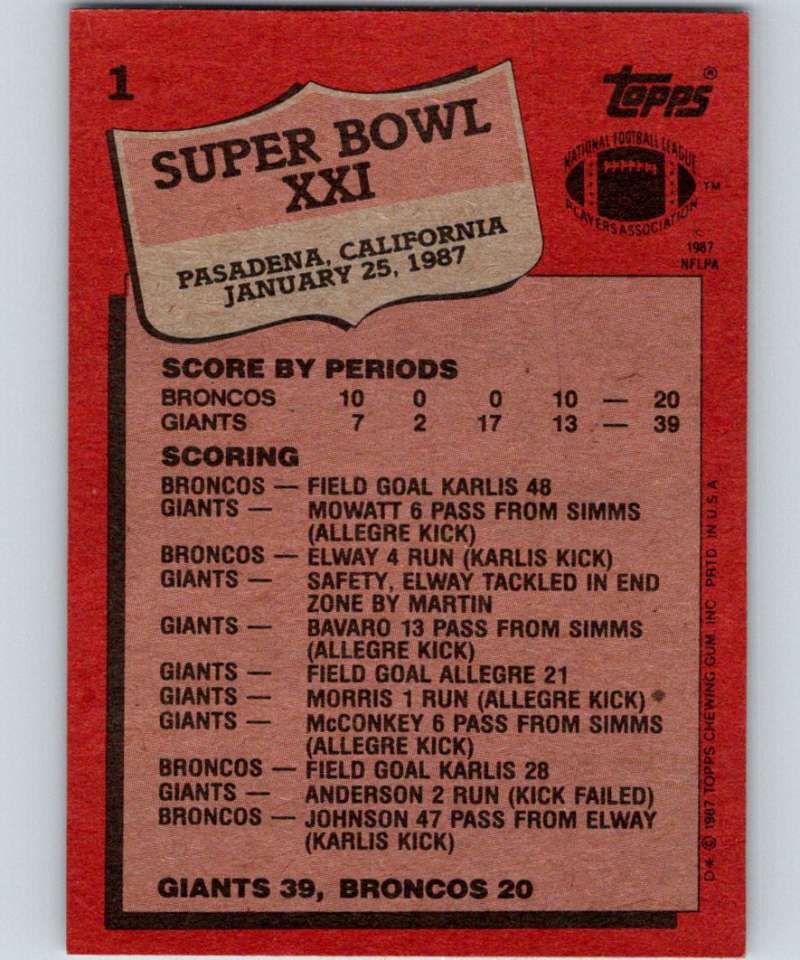 1987 Topps #1 Super Bowl XXI NY Giants NFL Football