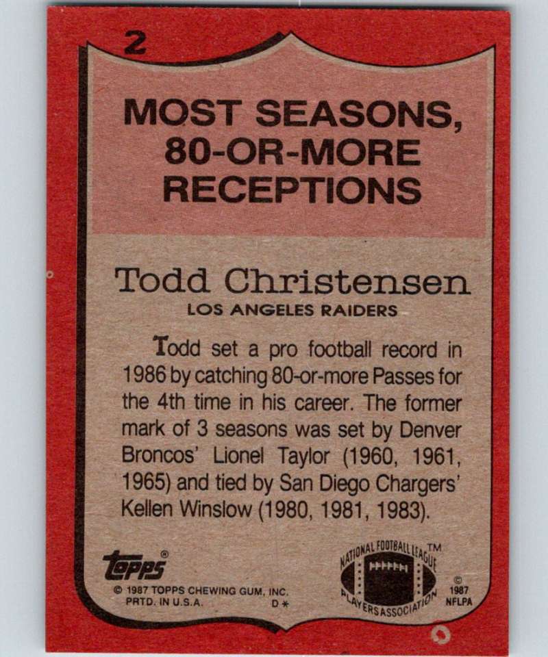 1987 Topps #2 Todd Christensen LA Raiders RB NFL Football Image 2
