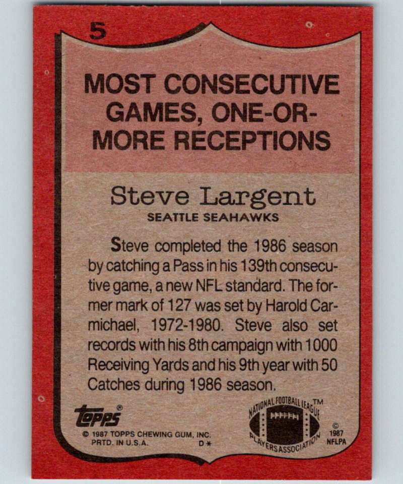 1987 Topps #5 Steve Largent Seahawks RB NFL Football