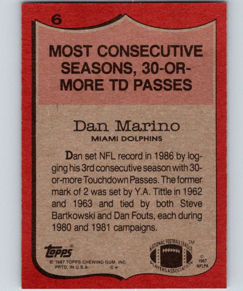 1987 Topps #6 Dan Marino Dolphins RB NFL Football