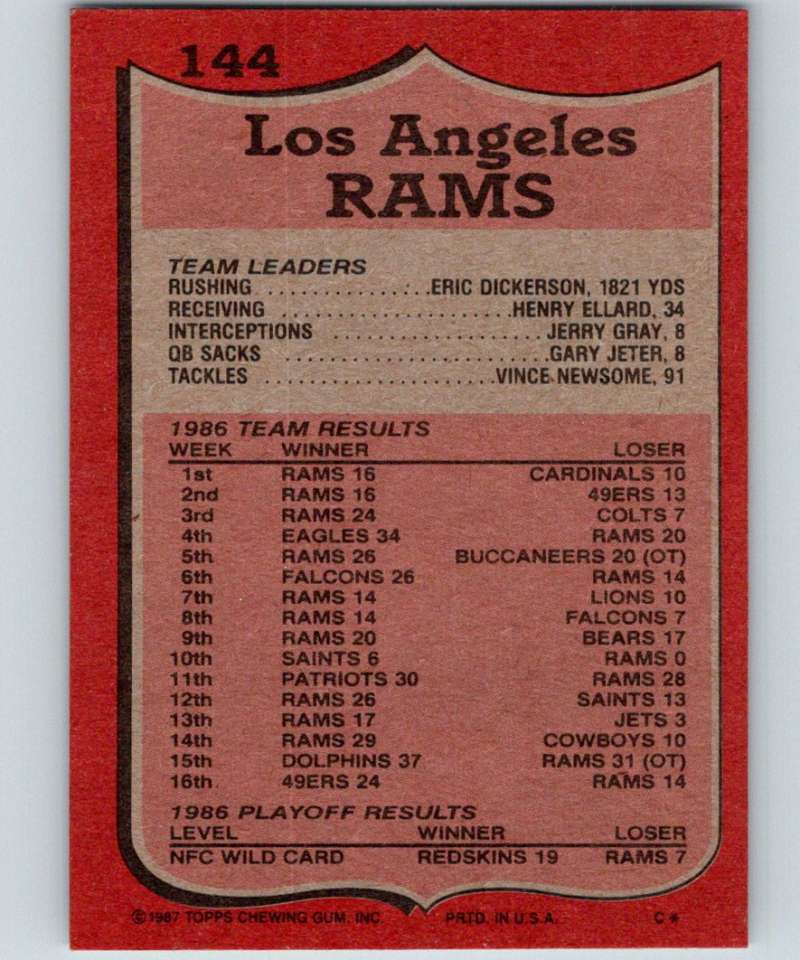 1987 Topps #144 Eric Dickerson LA Rams TL NFL Football Image 2