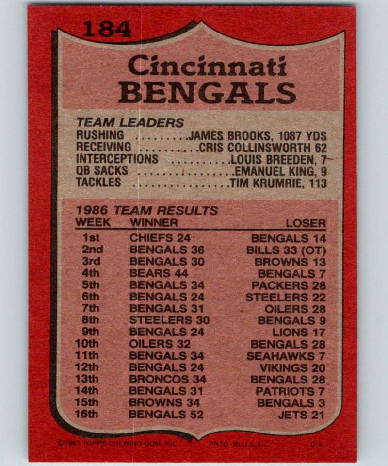 1987 Topps #184 James Brooks Bengals TL NFL Football