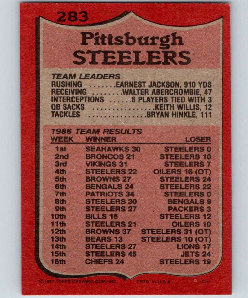 1987 Topps #283 Walter Abercrombie Steelers TL NFL Football