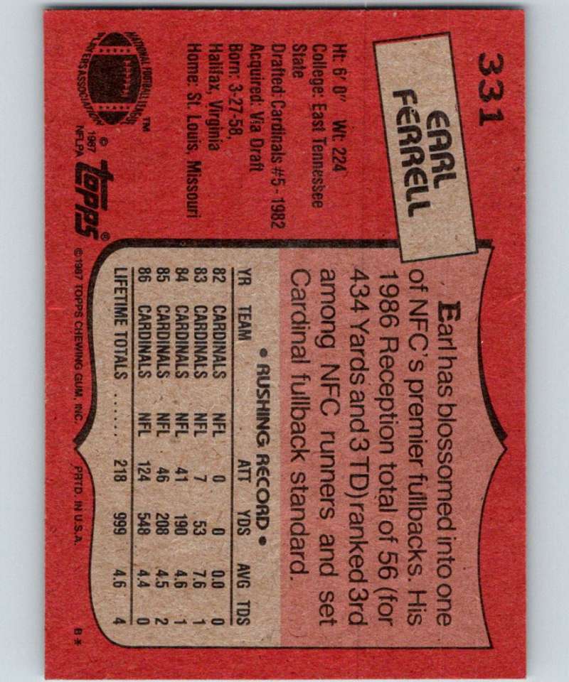 1987 Topps #331 Earl Ferrell Cardinals NFL Football Image 2