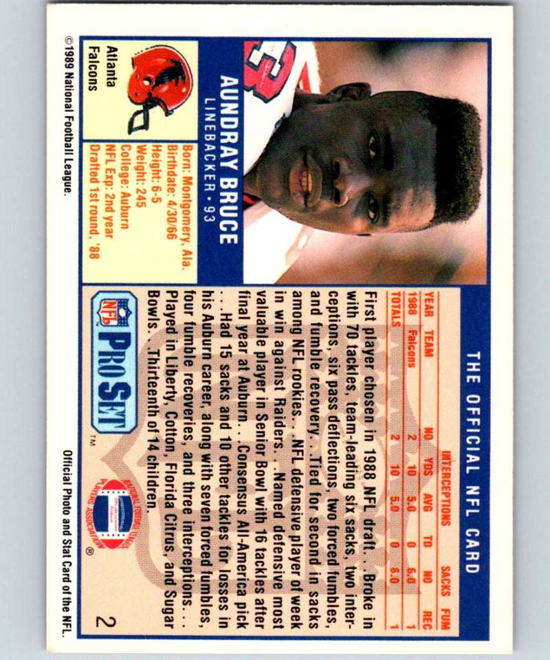 1989 Pro Set #2 Aundray Bruce RC Rookie Falcons NFL Football Image 2