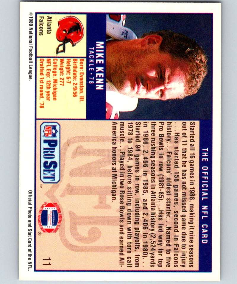 1989 Pro Set #11 Mike Kenn Falcons NFL Football Image 2
