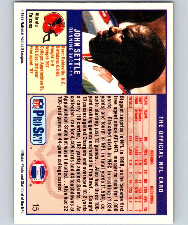 1989 Pro Set #15 John Settle RC Rookie Falcons NFL Football Image 2