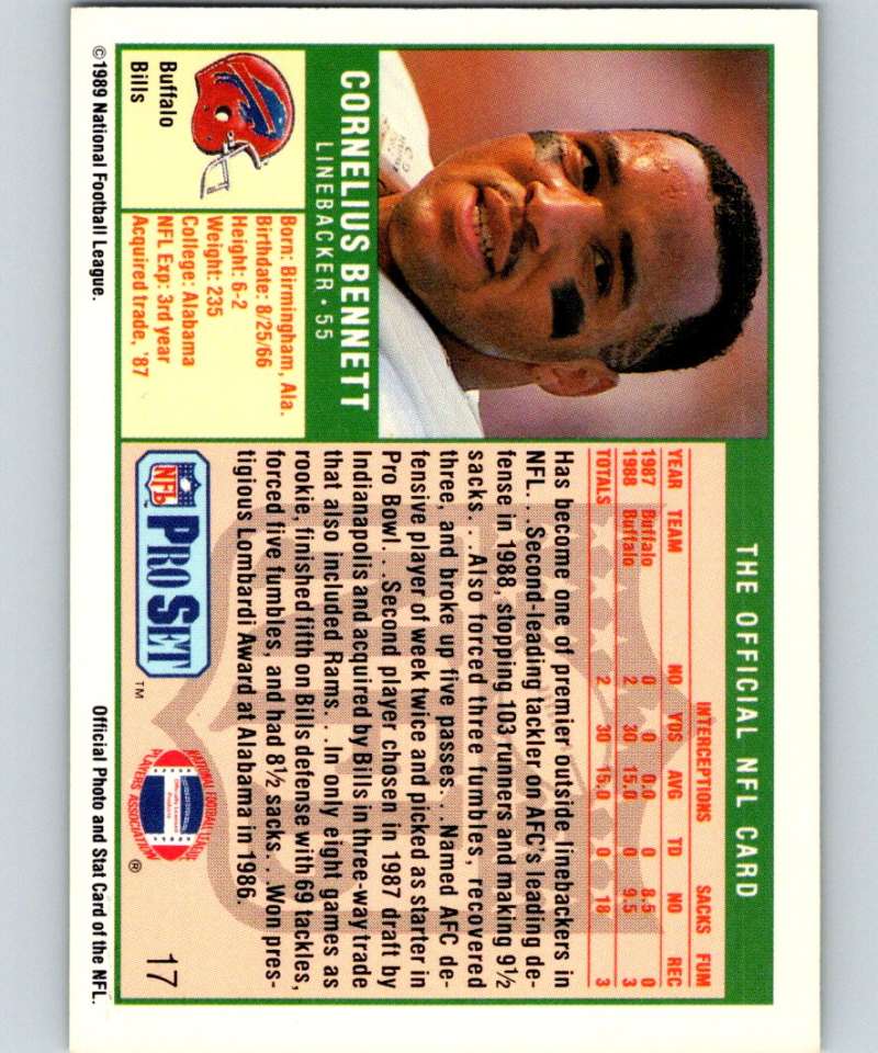 1989 Pro Set #17 Cornelius Bennett Bills NFL Football Image 2