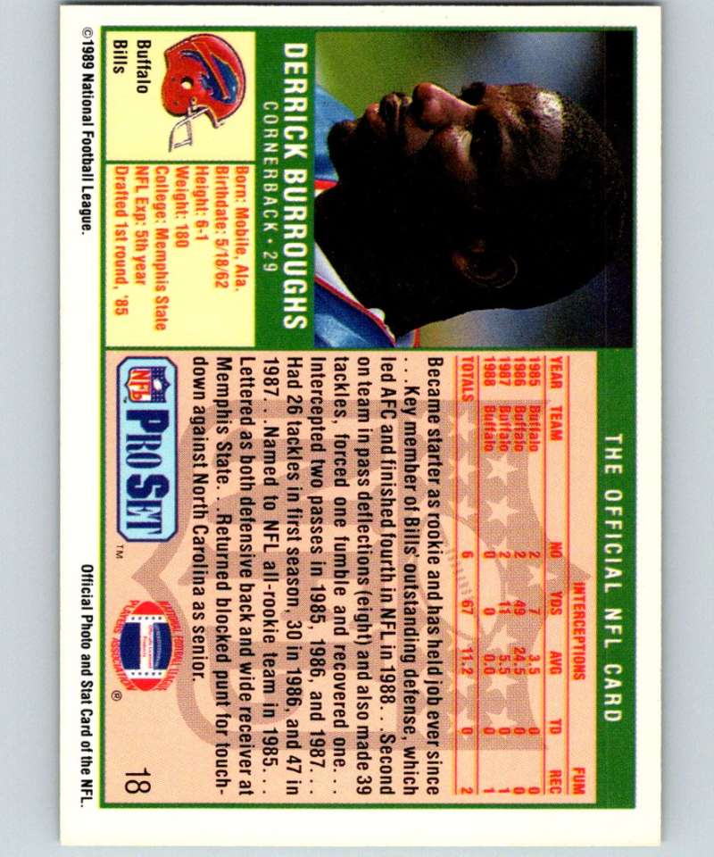1989 Pro Set #18 Derrick Burroughs Bills NFL Football Image 2