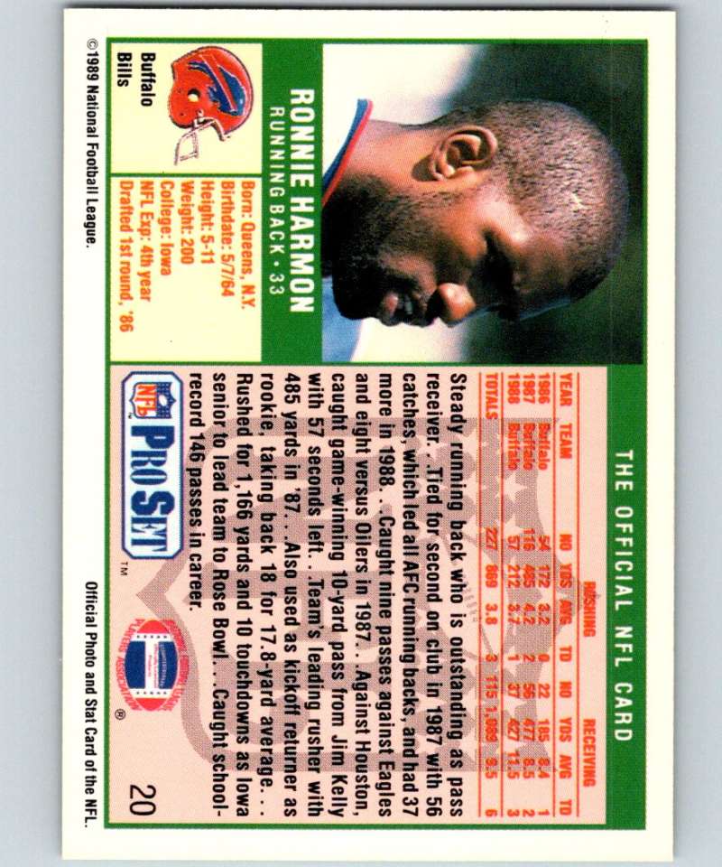 1989 Pro Set #20 Ronnie Harmon Bills NFL Football Image 2