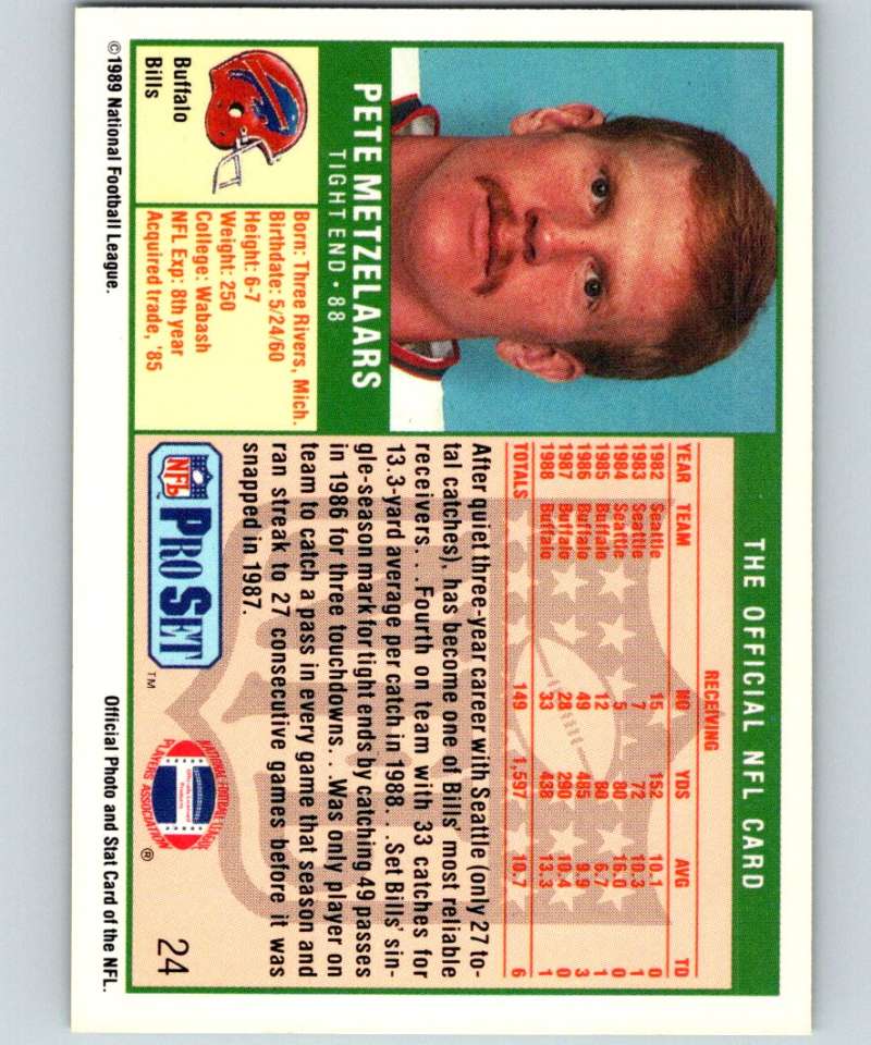 1989 Pro Set #24 Pete Metzelaars Bills NFL Football Image 2