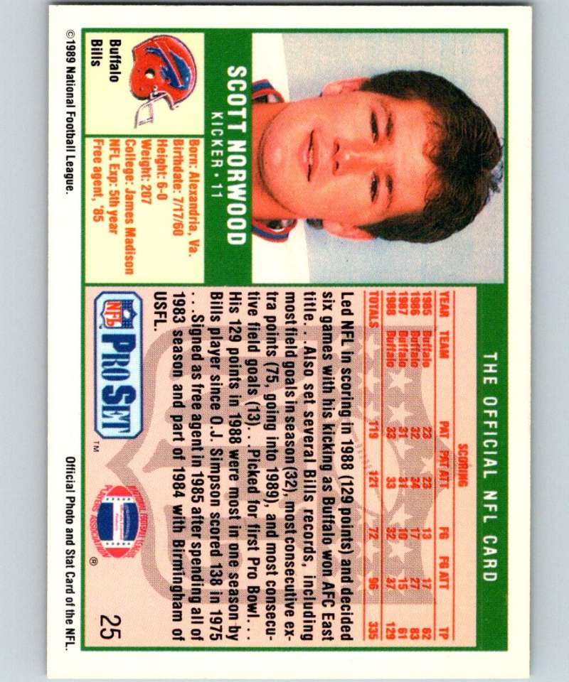 1989 Pro Set #25 Scott Norwood RC Rookie Bills NFL Football Image 2