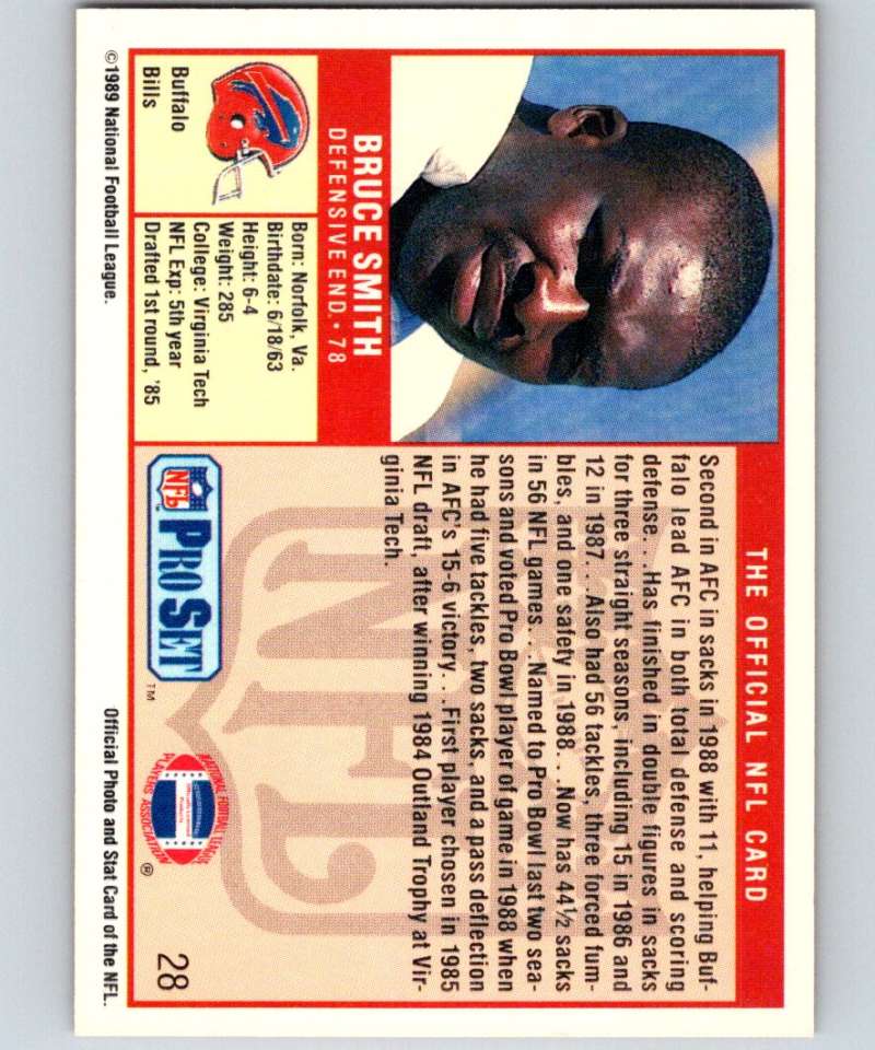 1989 Pro Set #28 Bruce Smith Bills NFL Football Image 2