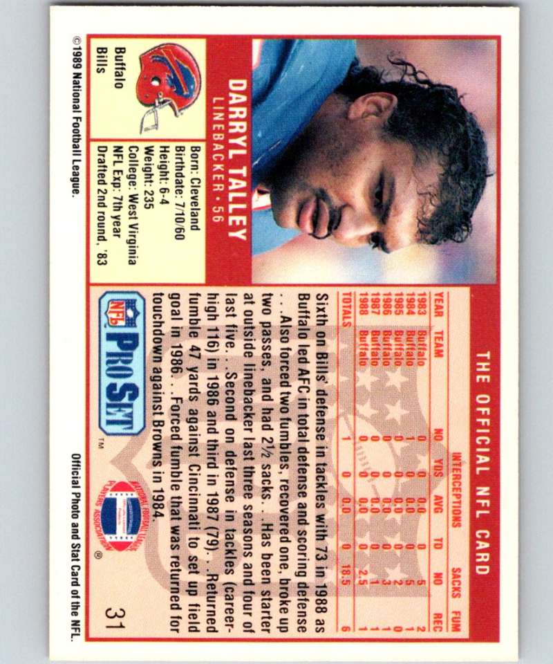 1989 Pro Set #31 Darryl Talley Bills NFL Football Image 2