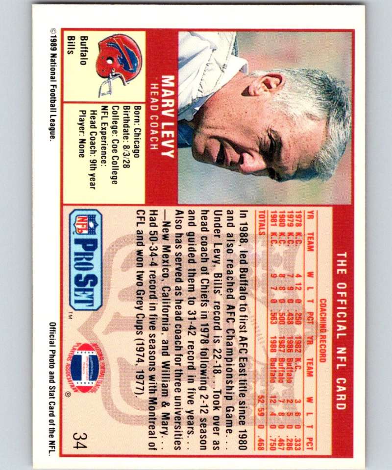 1989 Pro Set #34 Marv Levy Bills CO NFL Football