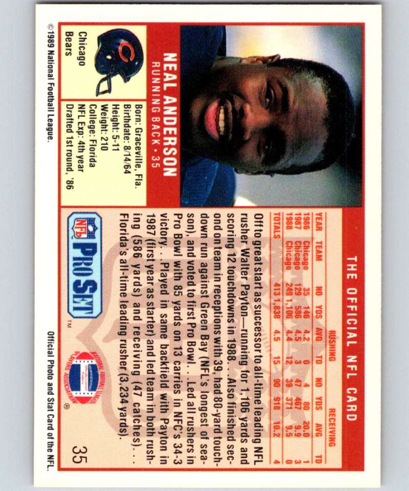 1989 Pro Set #35 Neal Anderson Bears NFL Football Image 2