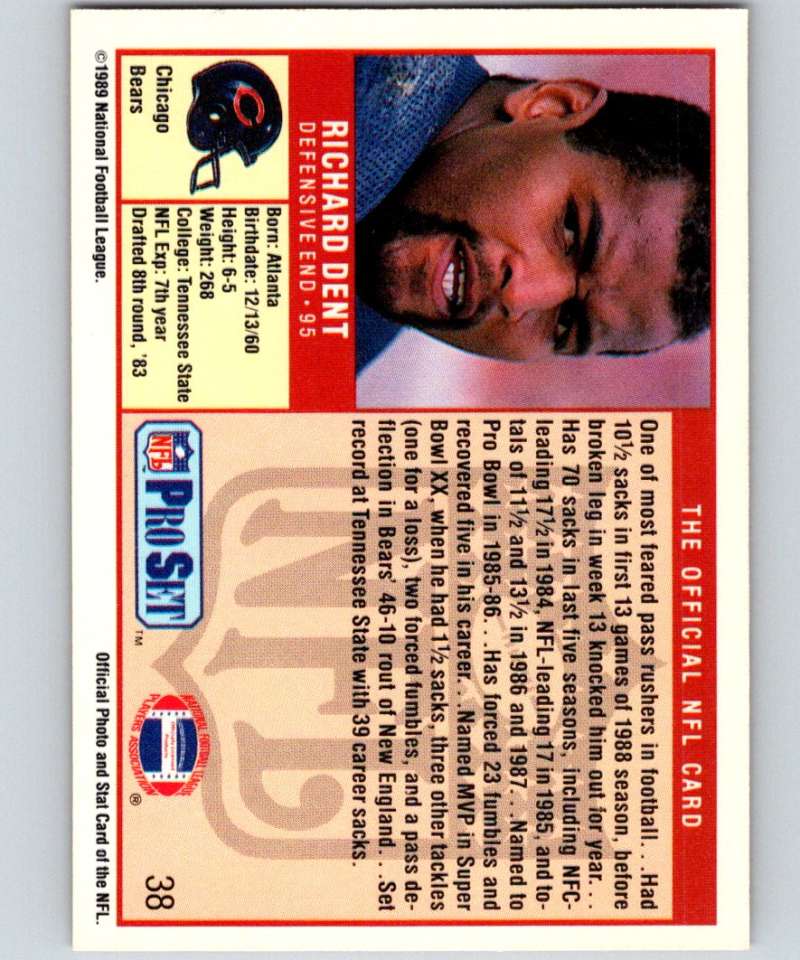 1989 Pro Set #38 Richard Dent Bears NFL Football Image 2